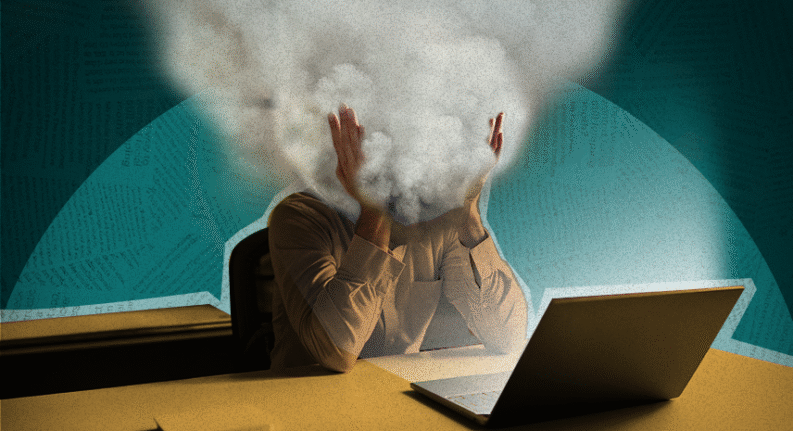 Adoecimento mental afastou mais de 470 mil trabalhadores em 2024 5 Ilustração gráfica de homem sobre uma mesa de trabalho com notebook em cima, com as mãos sobre a cabeça representando preocupação e exaustão. Sua cabeça foi substituída por fumaça, para reforçar a ideia de cansaço extremo e dificuldades em relação à saúde mental