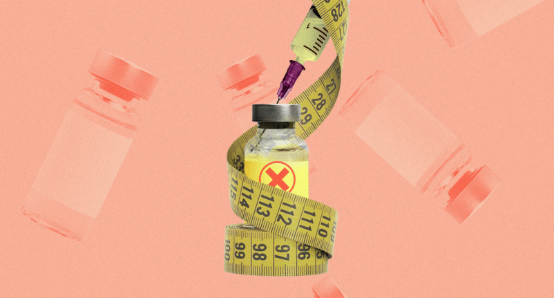 O que é Mounjaro e por que a corrida pelo remédio já alimenta falsificações no Brasil 1 Imagem gráfica de ampola supostamente contendo tizerpatida irregular, com fita métrica ilustrando o uso da substância para emagrecimento no Brasil