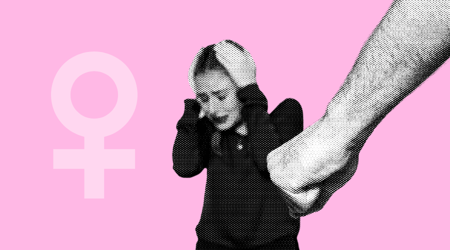 Iustração com fundo rosa e imagem de uma mulher se protegendo de um punho. Capa da matéria sobre principais agressores de vítimas de feminicídio.