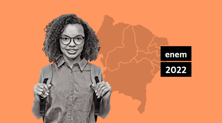 Capa da matéria "Perfil dos candidatos ao Enem 2022: mulheres jovens e negras são maioria no Nordeste". Ilustração digital com uma mulher jovem, negra e vestindo roupa casual e usando mochila. No fundo de cor laranja, há um desenho do mapa do Nordeste e os dizeres "enem 2022" em cima de uma caixa preta de texto.