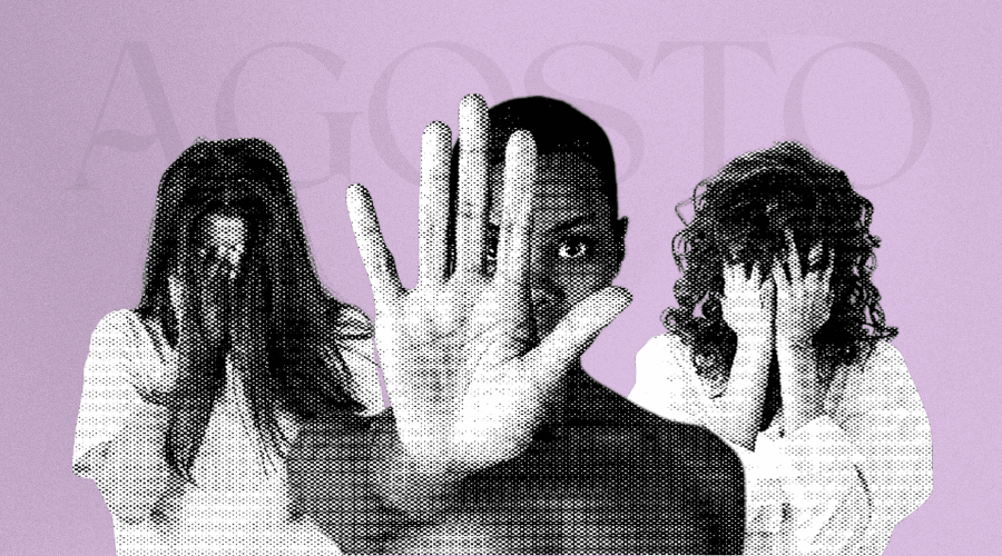 Ilustração com fundo lilás, o nome "agosto" transparente e a imagem de três mulheres fazendo sinal de "pare". Capa da matéria sobre aumento de casos de violência contra a mulher no nordeste.