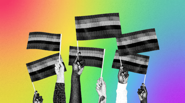 Capa da matéria para o dia do Orgulho LGBTQIAPN+. Ilustração com fundo nas cores da bandeira LGBT e umas maos segurando bandeiras em preto e branco por cima.