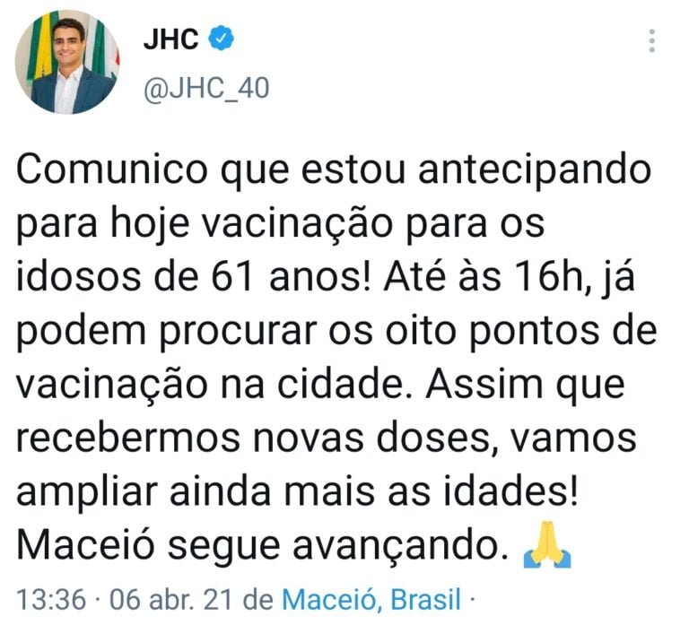 Screenshot 20210408 223135 Twitter - Linha do tempo: veja como foram os 100 primeiros dias de JHC como prefeito de Maceió