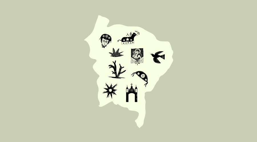 Capa "Quiz: desvendando os significados por trás dos nomes de cidades nordestinas" publicada originalmente na Agência Tatu. Ilustração digital do mapa do Nordeste com alguns elementos visuais no estilo de cordel.