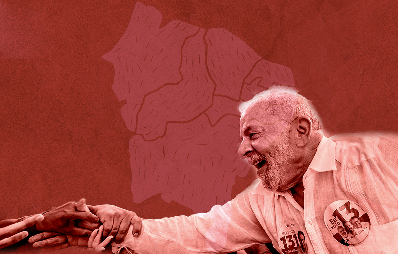 Capa da matéria "Lula venceu em 98,9% dos municípios do Nordeste, no 2º turno". Ilustração digital com fundo vermelho contendo mapa do nordeste, no primeiro plano tem uma imagem do Lula apertando mãos de pessoas.