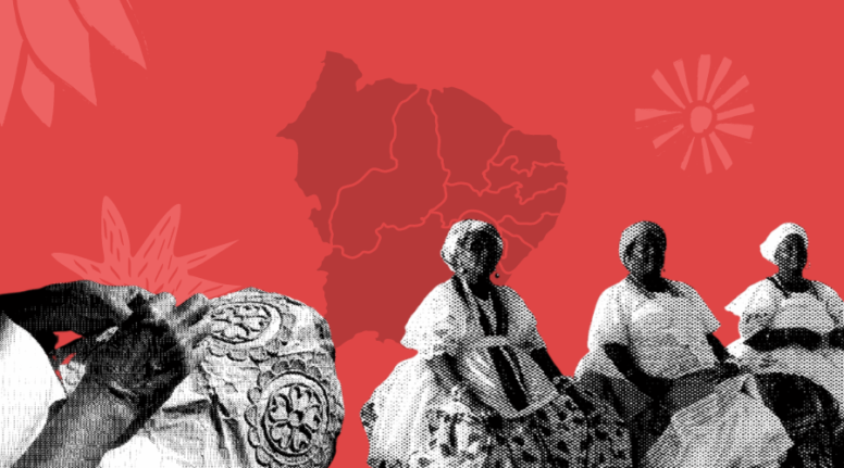 Capa da matéria "Existem 24 bens culturais imateriais do Nordeste registrados no IPHAN" publicada originalmente na Agência Tatu. Ilustração feita digitalemente com imagens de rendeiras irlandesas e dançarinas do samba de roda.