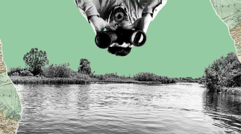 Capa da matéria "Apenas um rio do Nordeste tem índice de qualidade da água bom" publicada originalmente na Agência Tatu. Trata-se de uma ilustração digital de um rio, com algumas plantas e um homem observando com binóculos de cabeça para baixo na parte superior da imagem.