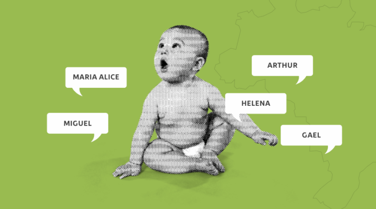 Capa da matéria "Gael e Maria Alice foram os nomes mais registrados no país em 2022" publicada originalmente na Agência Tatu. É uma ilustração digital com uma imagem de um bebê branco, com alguns balões informando nomes como "Gael" e "Maria Alice".