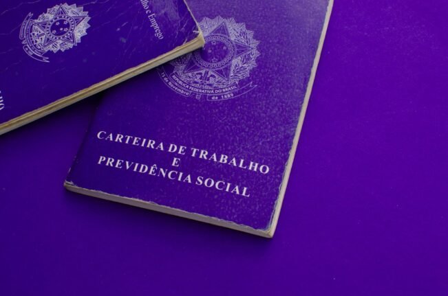 Capa - 74% dos trabalhadores domésticos não possuem carteira assinada no Brasil - Fotografia de duas carteiras de trabalho sobre fundo azul