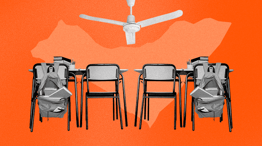 Ilustração com fundo laranja e o mapa de alagoas ao fundo e uma colagens de cadeiras de escola com um ventilador de teto em cima.