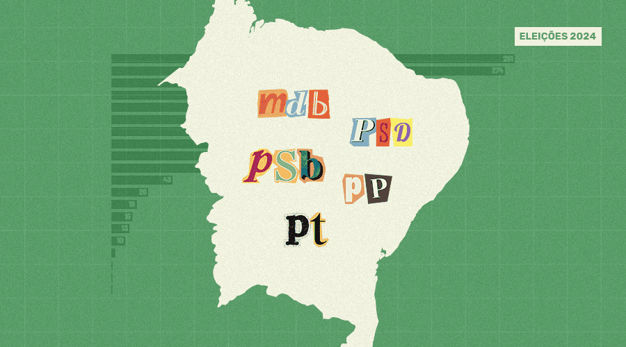 Eleições 2024: PP perde espaço e MDB elege maior quantidade de prefeitos no Nordeste 1 capa da matéria sobre partidos dos prefeitos eleitos no Nordeste. Fundo verde com mapa do nordeste e a sigla de alguns partidos como colagem, dentro do mapa.