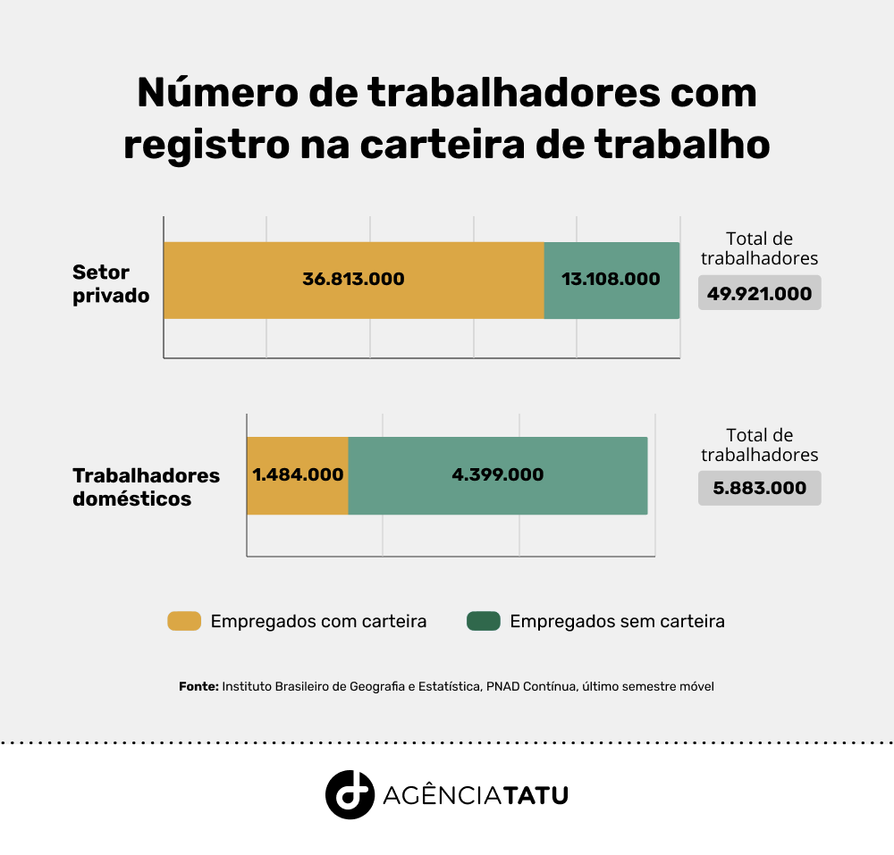 gráfico com duas barras e números de trabalhadores com carteira de trabalho no setor privado e trabalho doméstico 