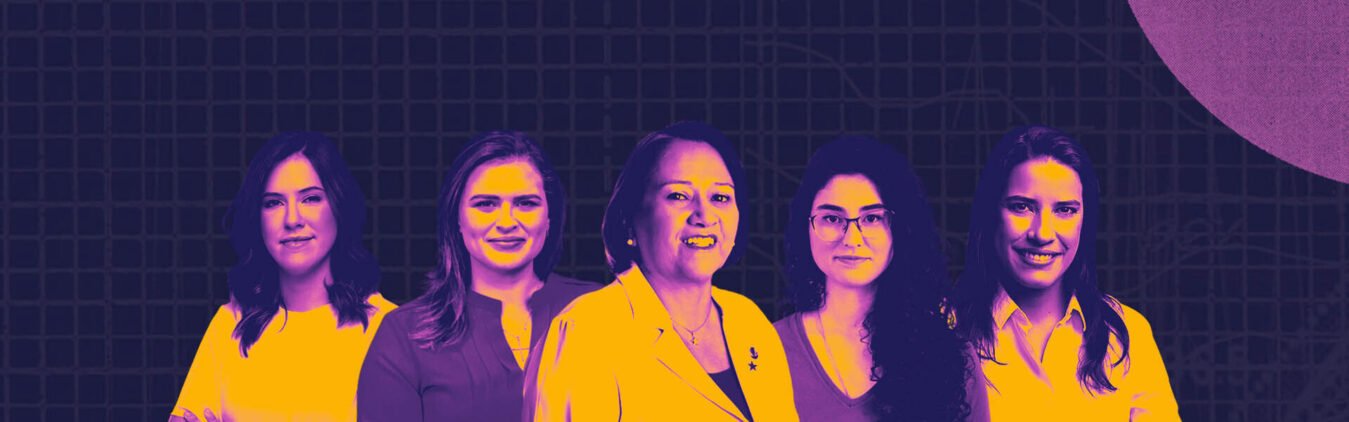 Capa da matéria sobre misoginia e xenofobia contra candidatas nordestinas - Colagem de fotos: da esquerda para a direita: Cibele Moura, Marília Arraes, Fátima Bezerra, Teca Nelma e Raquel Lyra