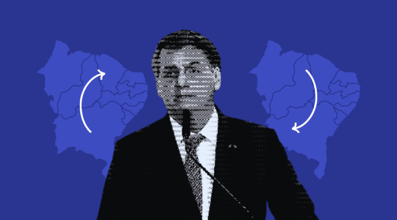 Ilustração com fundo de cor azul escura, imagem de bolsonaro editada ao centro e dos dois lados um mapa do Nordeste ao fundo, do lado esquerdo o mapa tem uma seta para cima e do lado direito o mapa tem uma seta para baixo, indicando que virou votos.