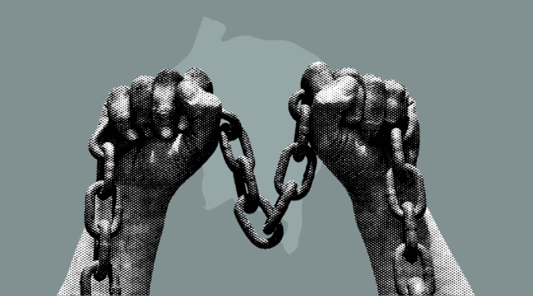 Capa da matéria sobre trabalhadores encontrados em condição análoga à escravidão no Nordeste. Na ilustração contém duas mãos segurando uma corrente.